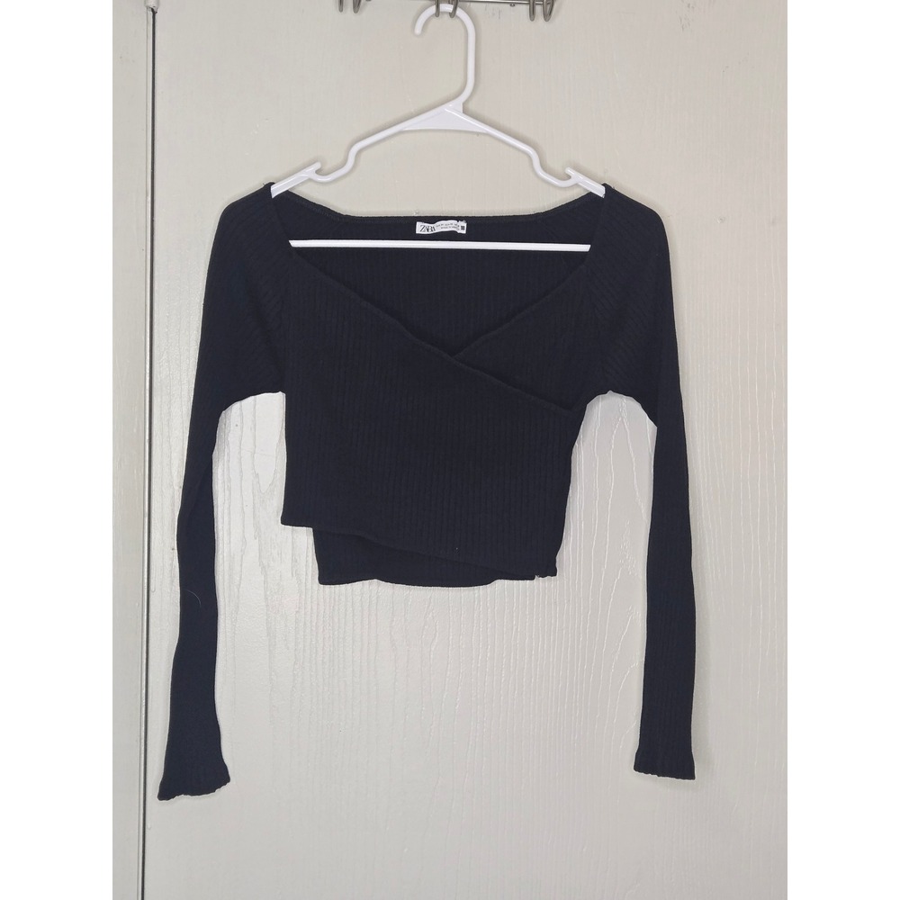 Zara Black Ribbed Knit Wrap Crop Top Long Sleeve Sweetheart Neck Womens‎ Size M